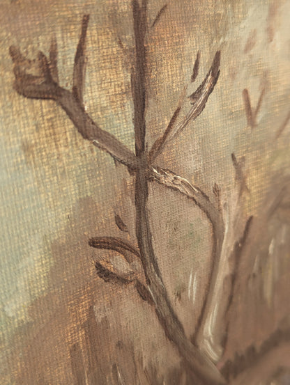 Winter Trees on River, Original Oil Painting on Board