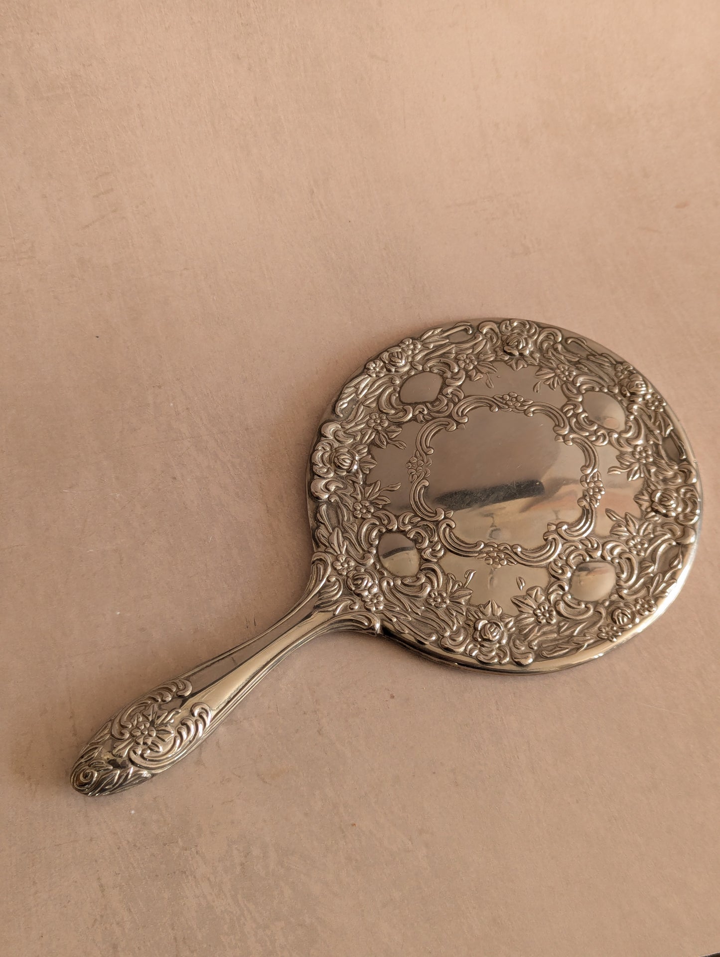 Silver Tone Floral Handheld Vanity Mirror