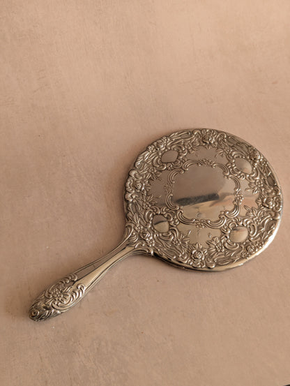 Silver Tone Floral Handheld Vanity Mirror
