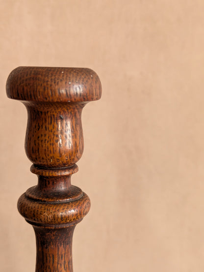 English Oak Hand-Turned Candlestick Holders, Set of Two