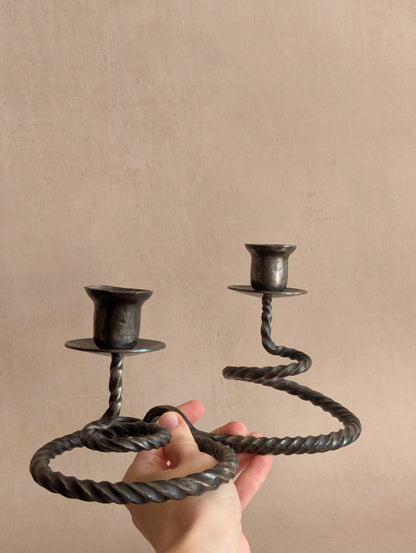Gothic Wrought Iron Twisted Candlestick Holders, Set of Two