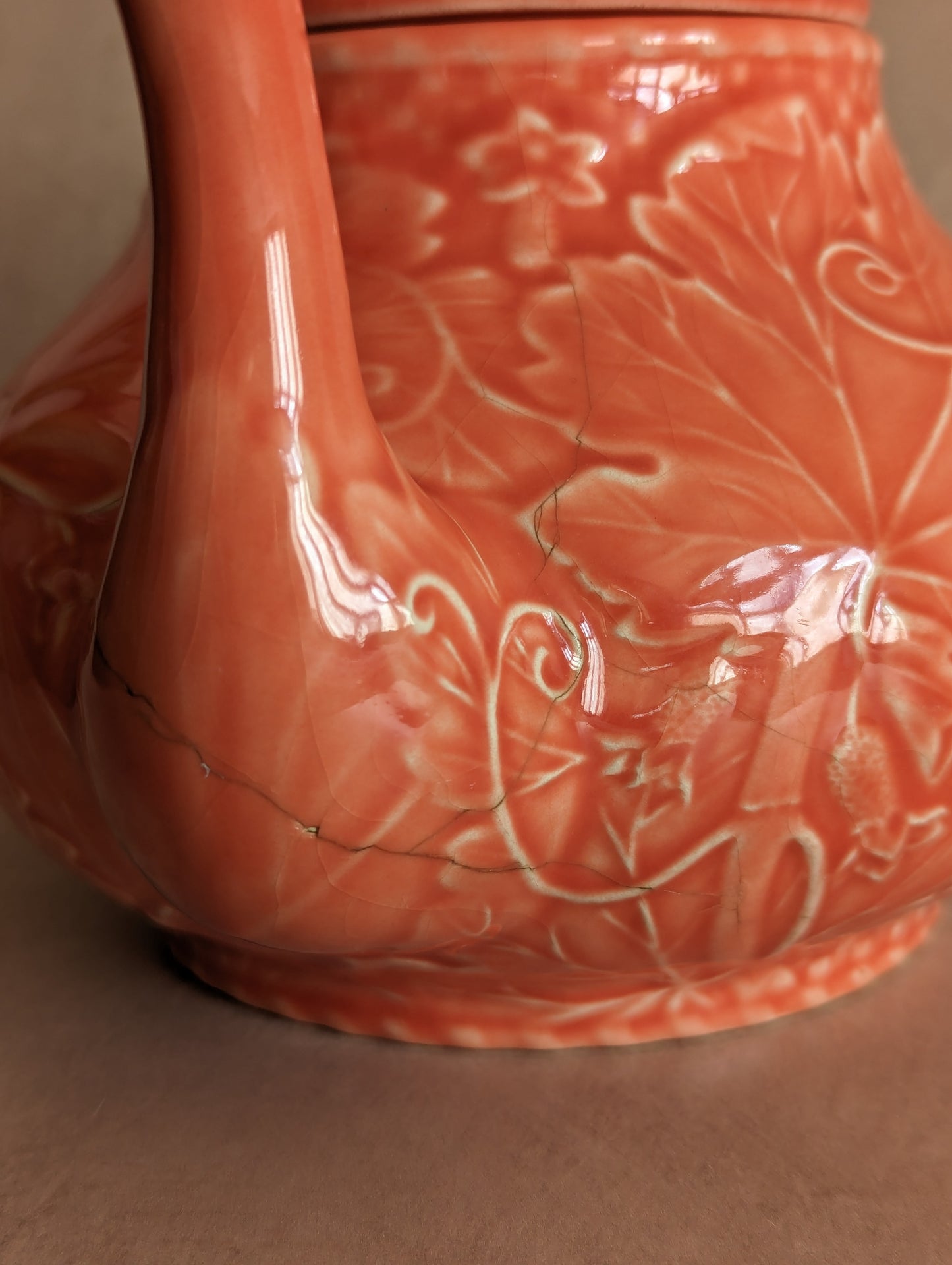 Portuguese Bordallo Pinheiro Rare Coral Majolica Teapot, Vintage c. 1970s