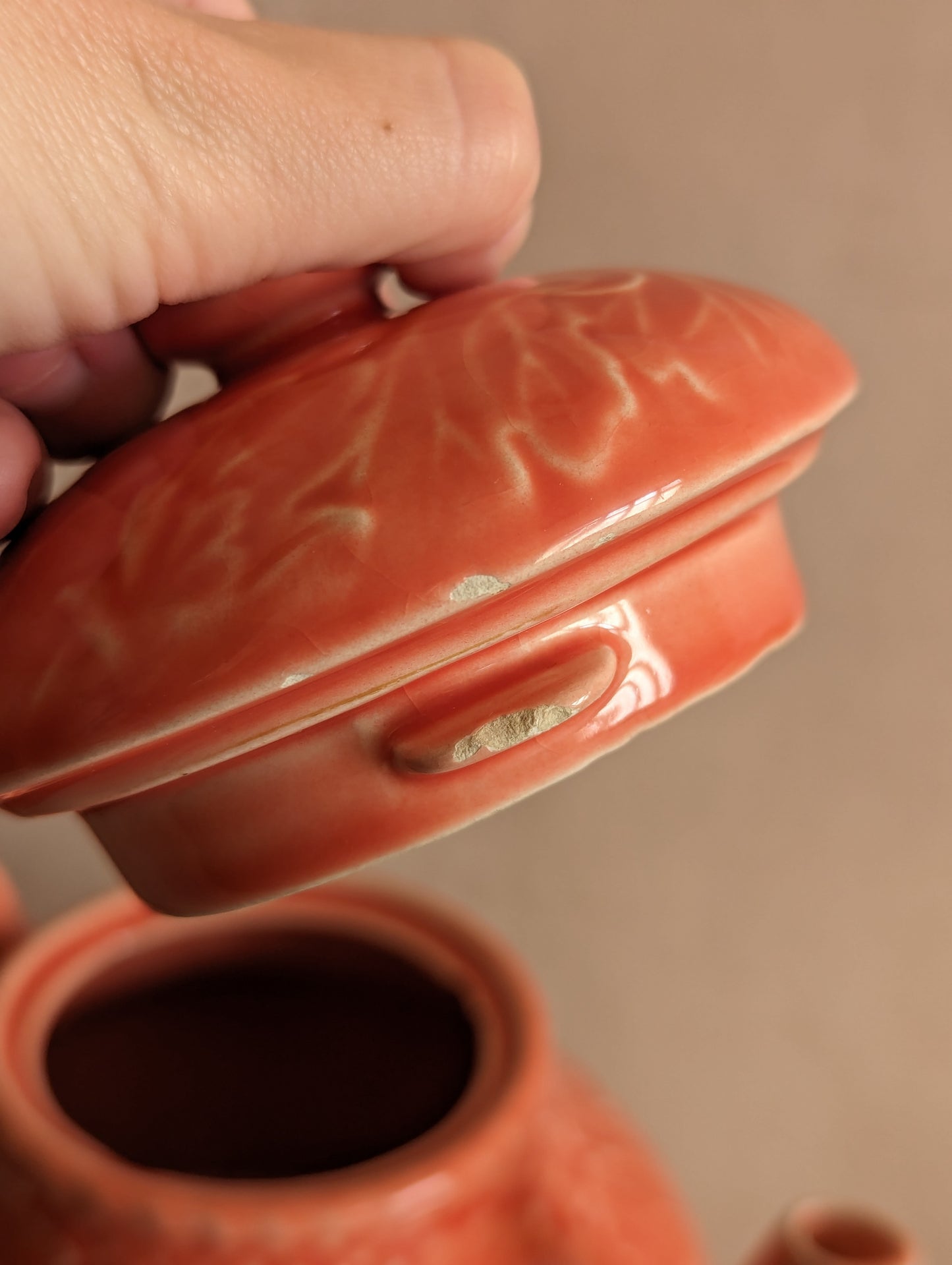 Portuguese Bordallo Pinheiro Rare Coral Majolica Teapot, Vintage c. 1970s