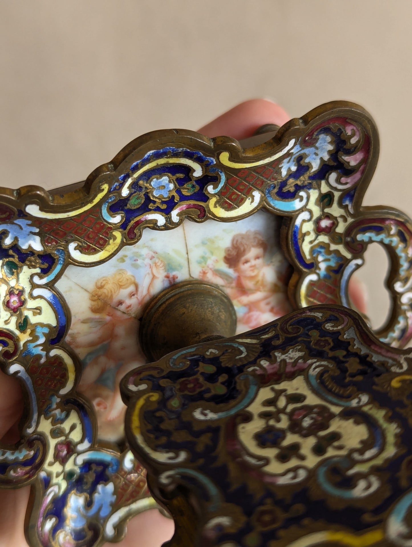 French Cloisonne Champleve Cherub Match Holder