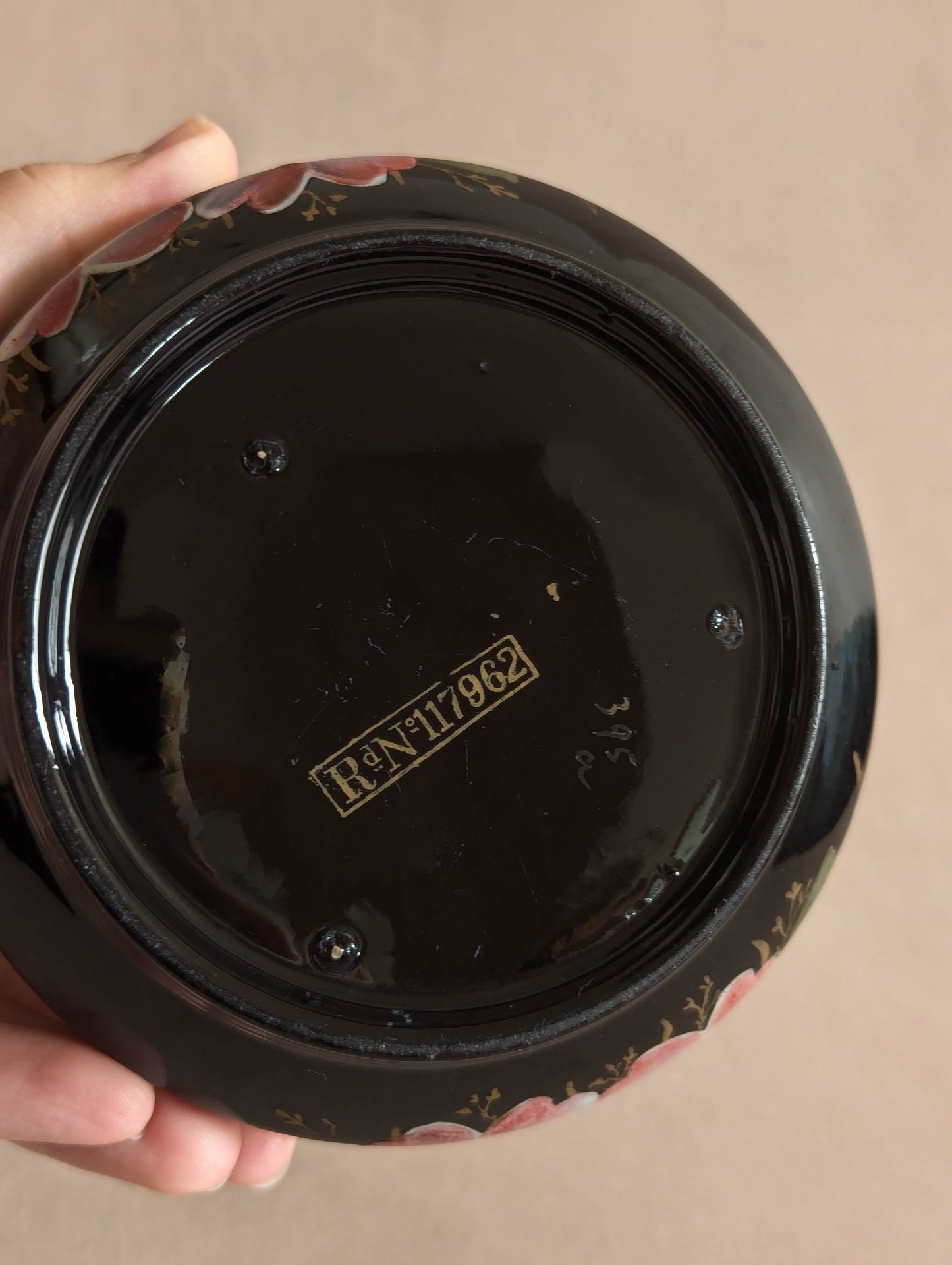 Jackfield Pottery Black Floral Hand-Painted Earthenware Bowl