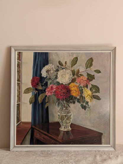 Dahlias In Vase Large Square Framed Oil Painting