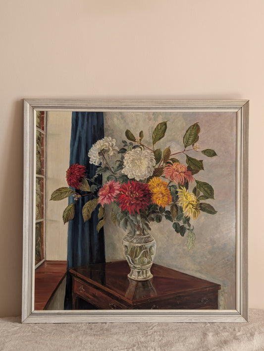Dahlias In Vase Large Square Framed Oil Painting
