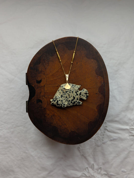 Dalmatian Jasper Carved Fish Gold Pendant Necklace