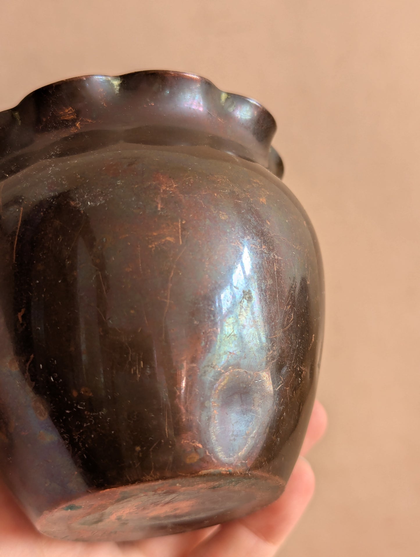Small Scalloped Copper Vases, Set of Two