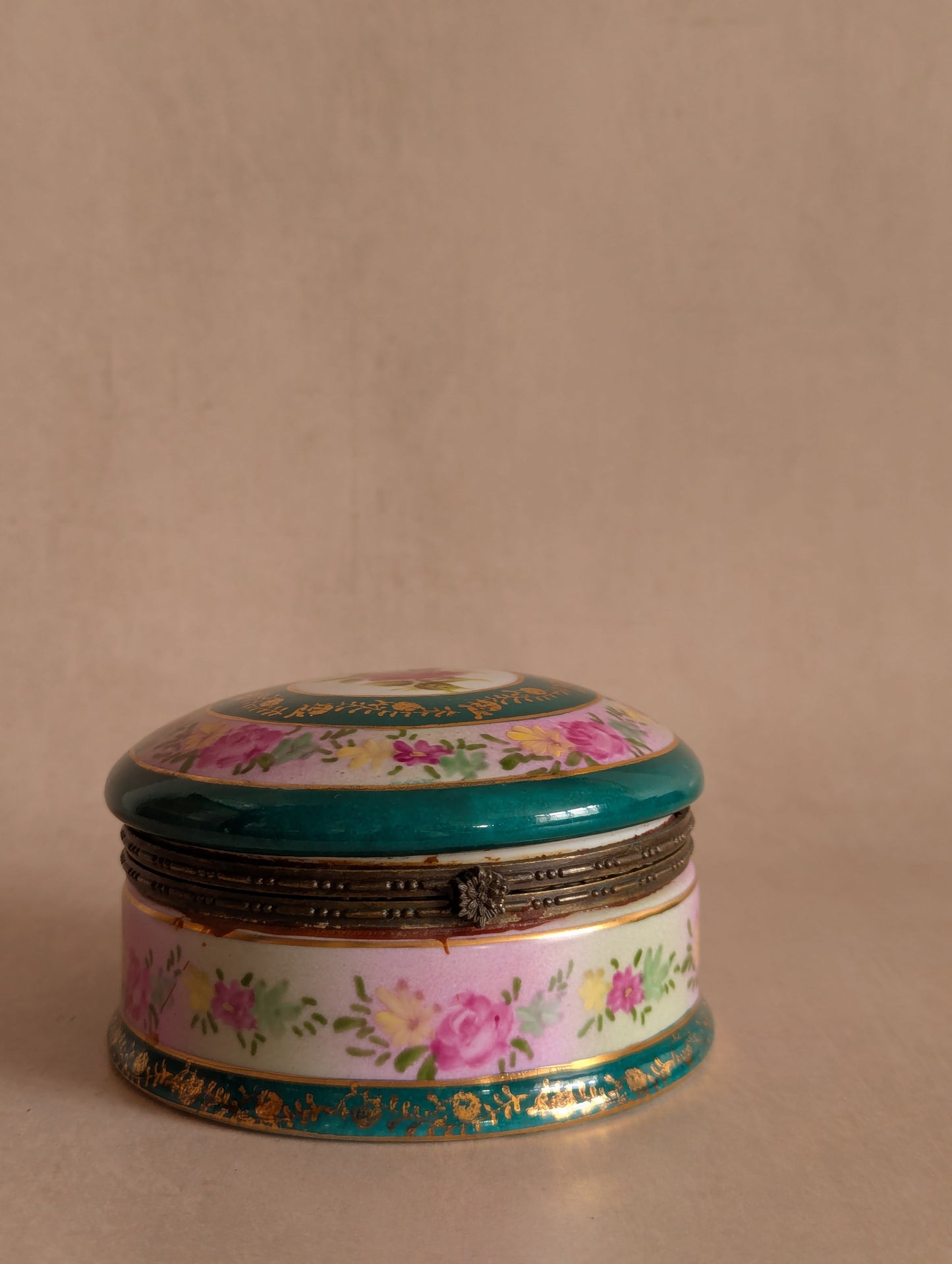 Hand-Painted Teal & Pink Round Ceramic Trinket Box