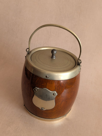 Oak & Silver English Biscuit Barrel or Tobacco Jar