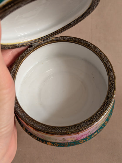 Hand-Painted Teal & Pink Round Ceramic Trinket Box