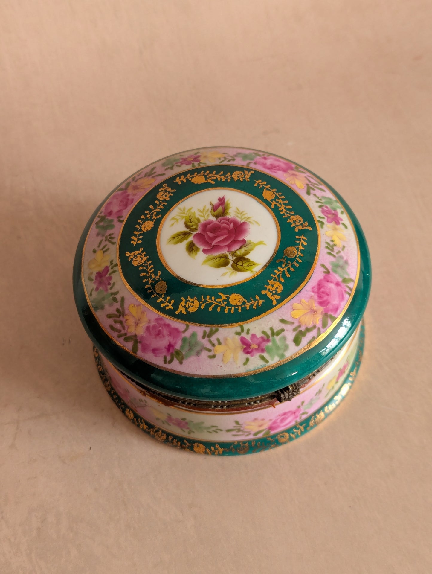 Hand-Painted Teal & Pink Round Ceramic Trinket Box