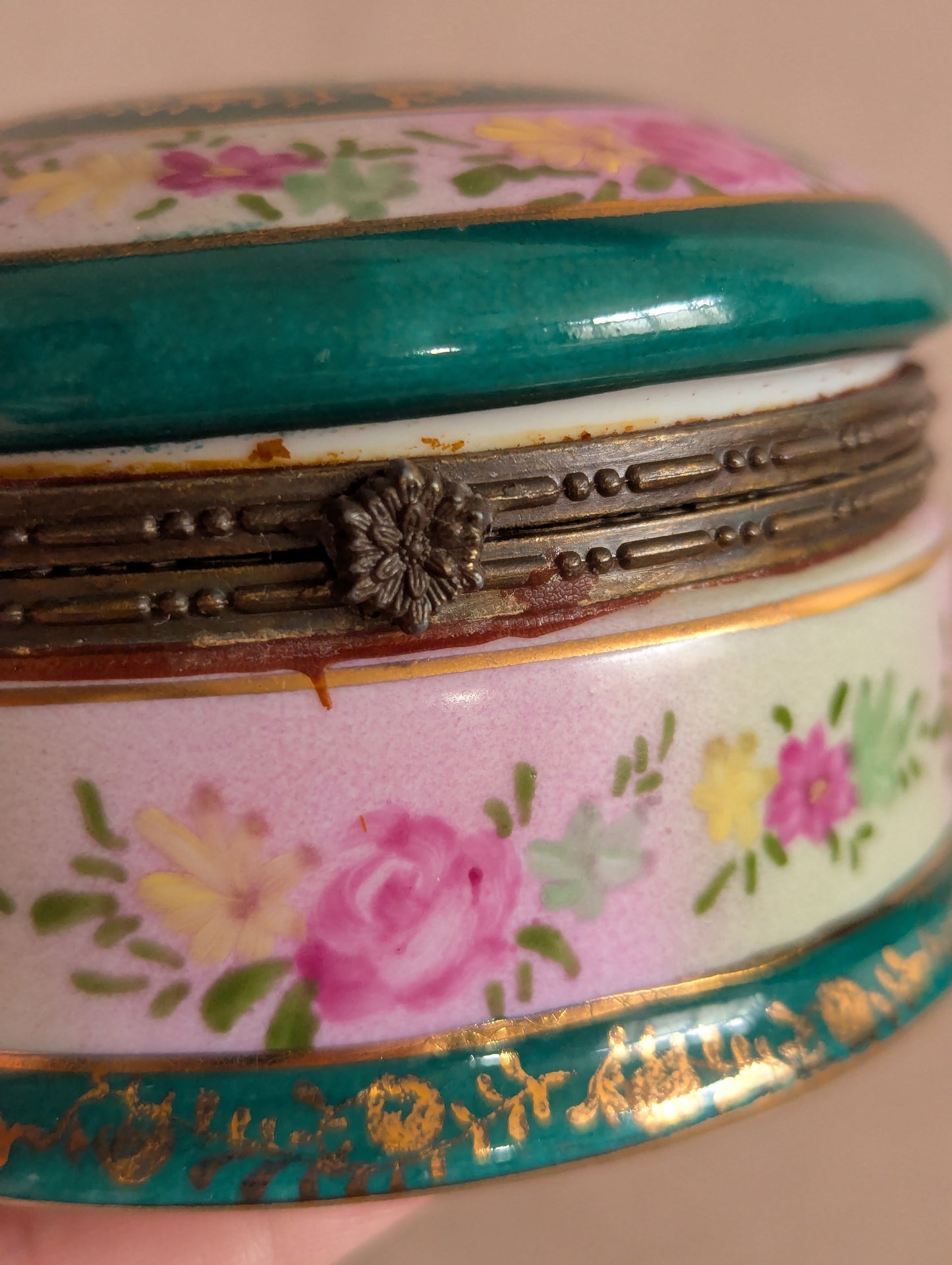 Hand-Painted Teal & Pink Round Ceramic Trinket Box