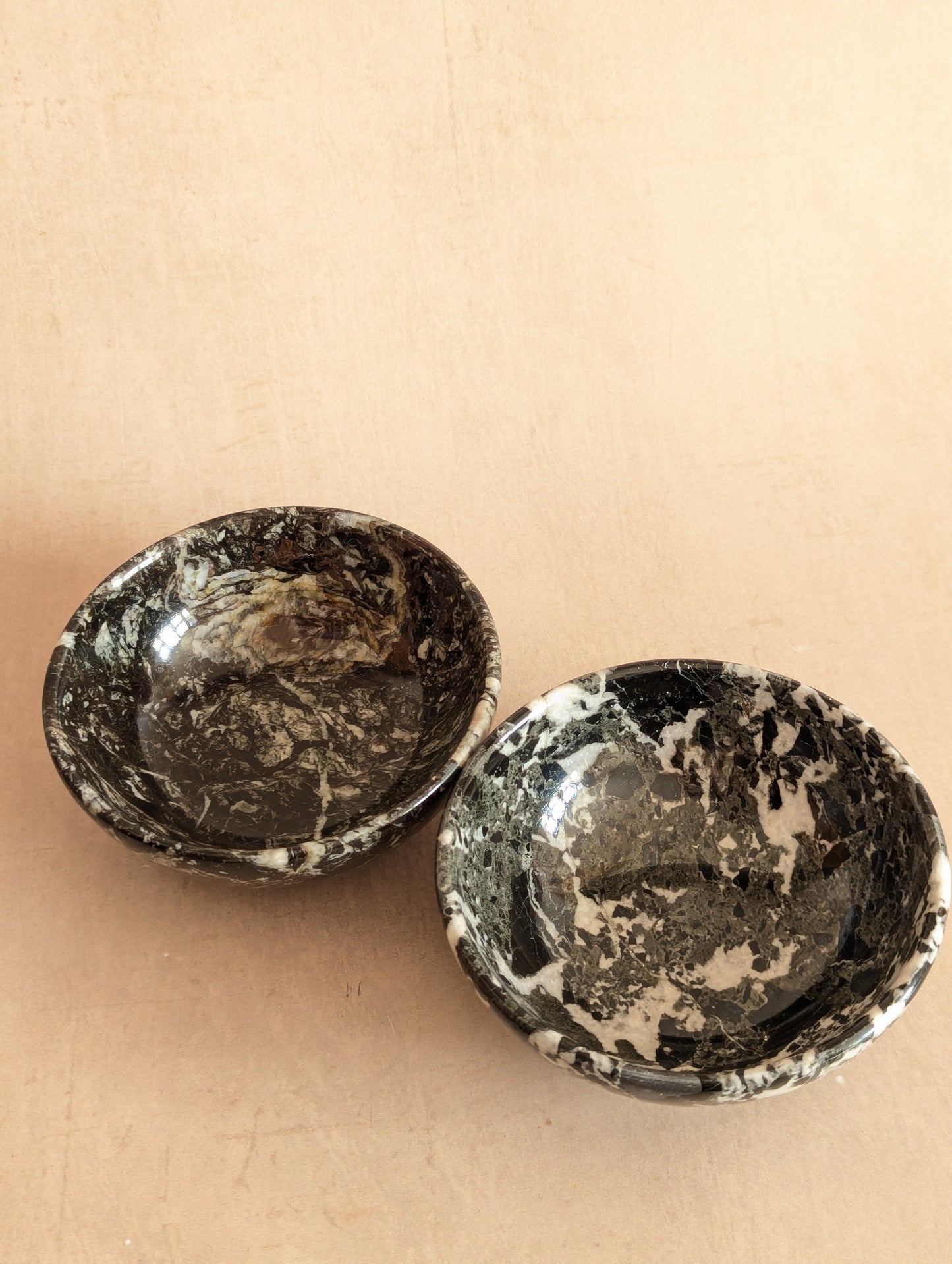 Black Zebra Marble Small Stone Bowls, Set of Two