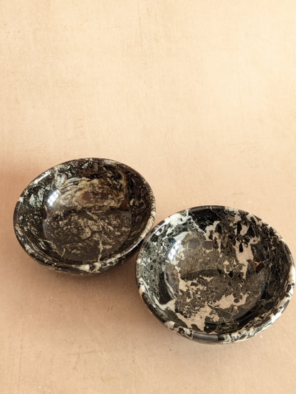 Black Zebra Marble Small Stone Bowls, Set of Two