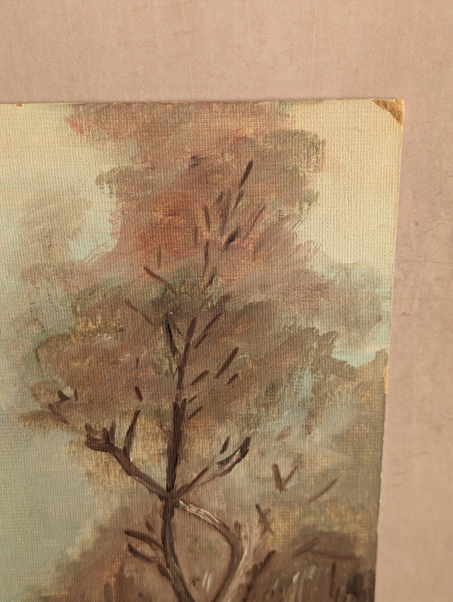 Winter Trees on River, Original Oil Painting on Board