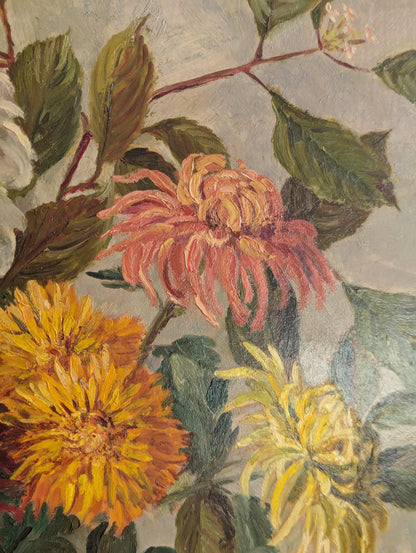 Dahlias In Vase Large Square Framed Oil Painting