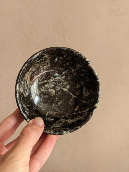 Black Zebra Marble Small Stone Bowls, Set of Two