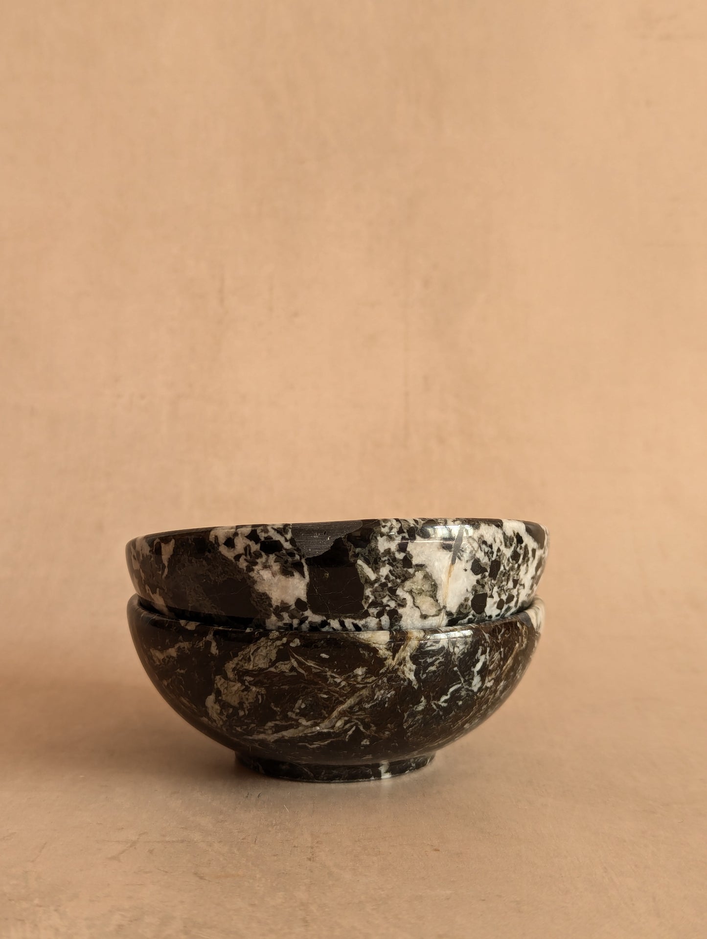 Black Zebra Marble Small Stone Bowls, Set of Two