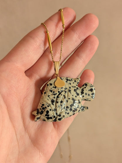 Dalmatian Jasper Carved Fish Gold Pendant Necklace