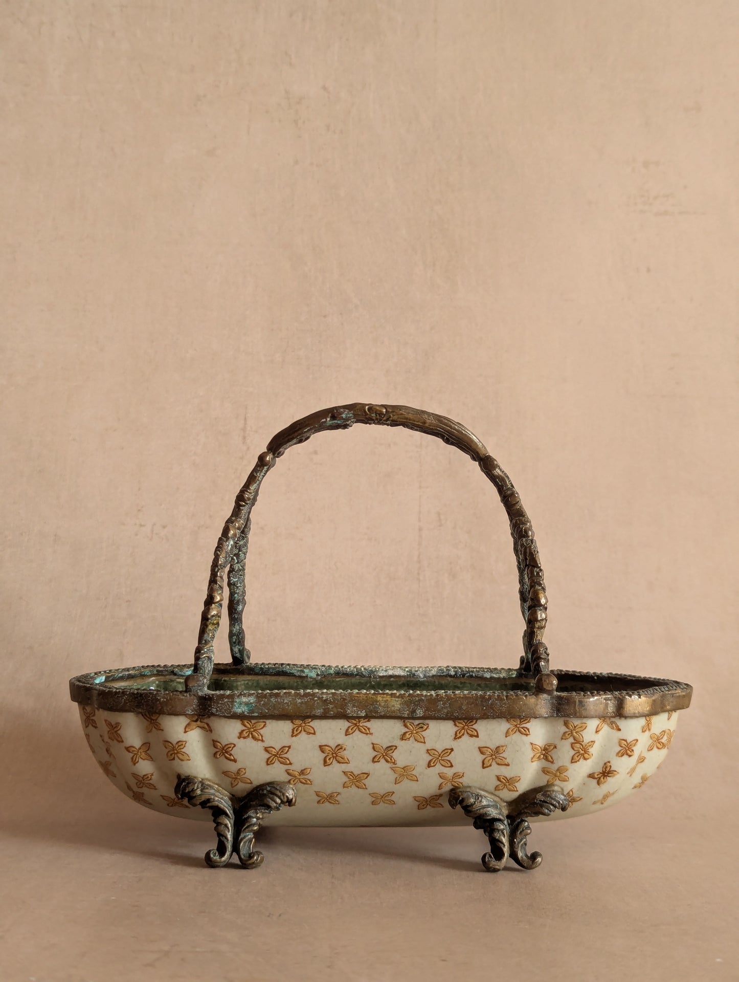 Ceramic & Bronze Floral Oblong Handled Basket