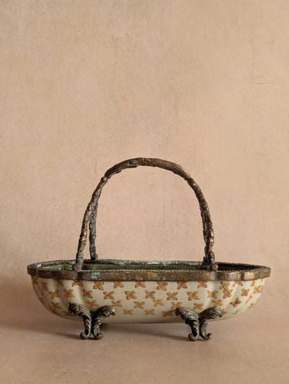 Ceramic & Bronze Floral Oblong Handled Basket