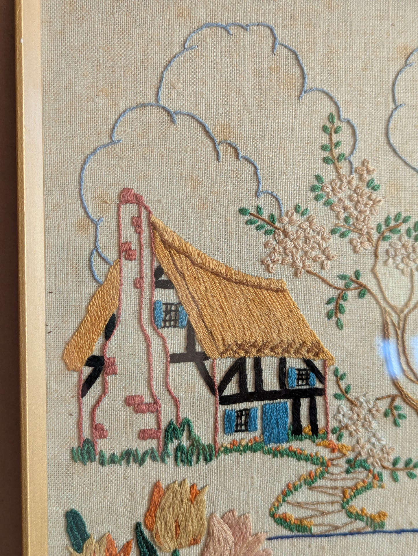 English Cottage Embroidered Poem by Patience Strong, Framed
