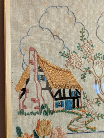English Cottage Embroidered Poem by Patience Strong, Framed