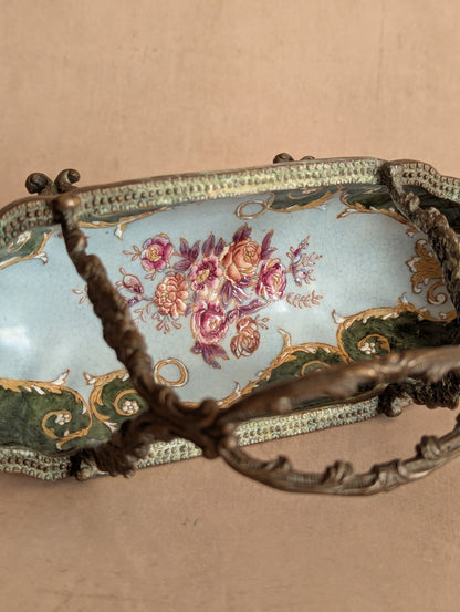 Ceramic & Bronze Floral Oblong Handled Basket