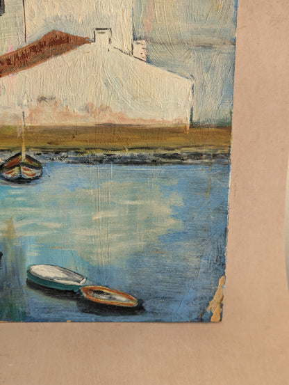 Mediterranean Coastal Scene Oil on Board Vintage Painting