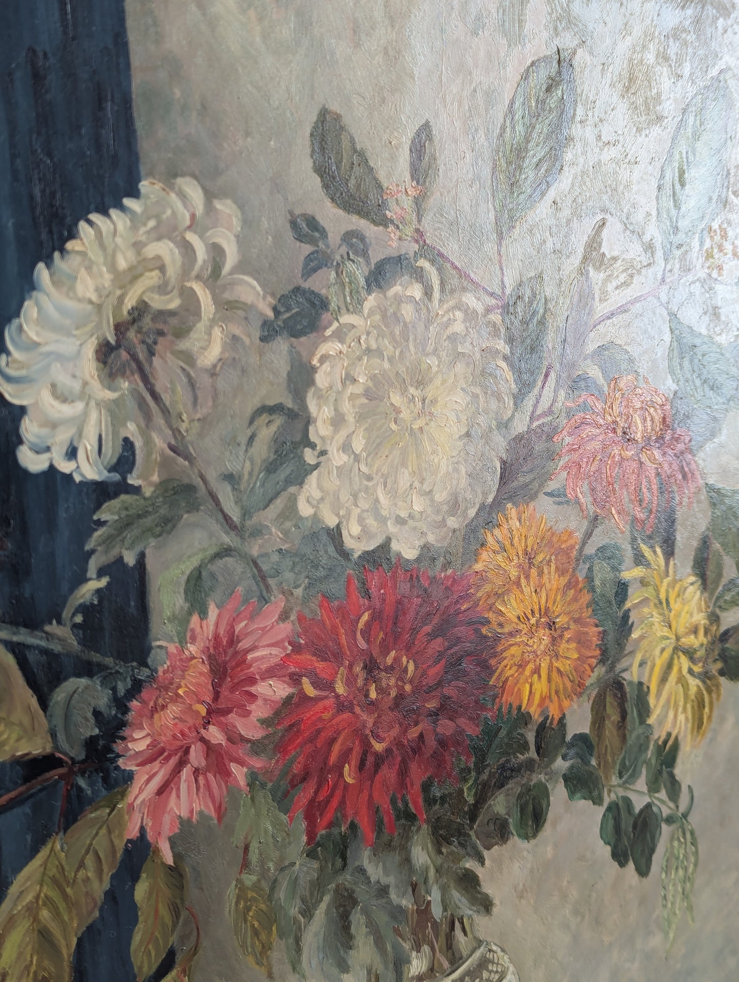 Dahlias In Vase Large Square Framed Oil Painting