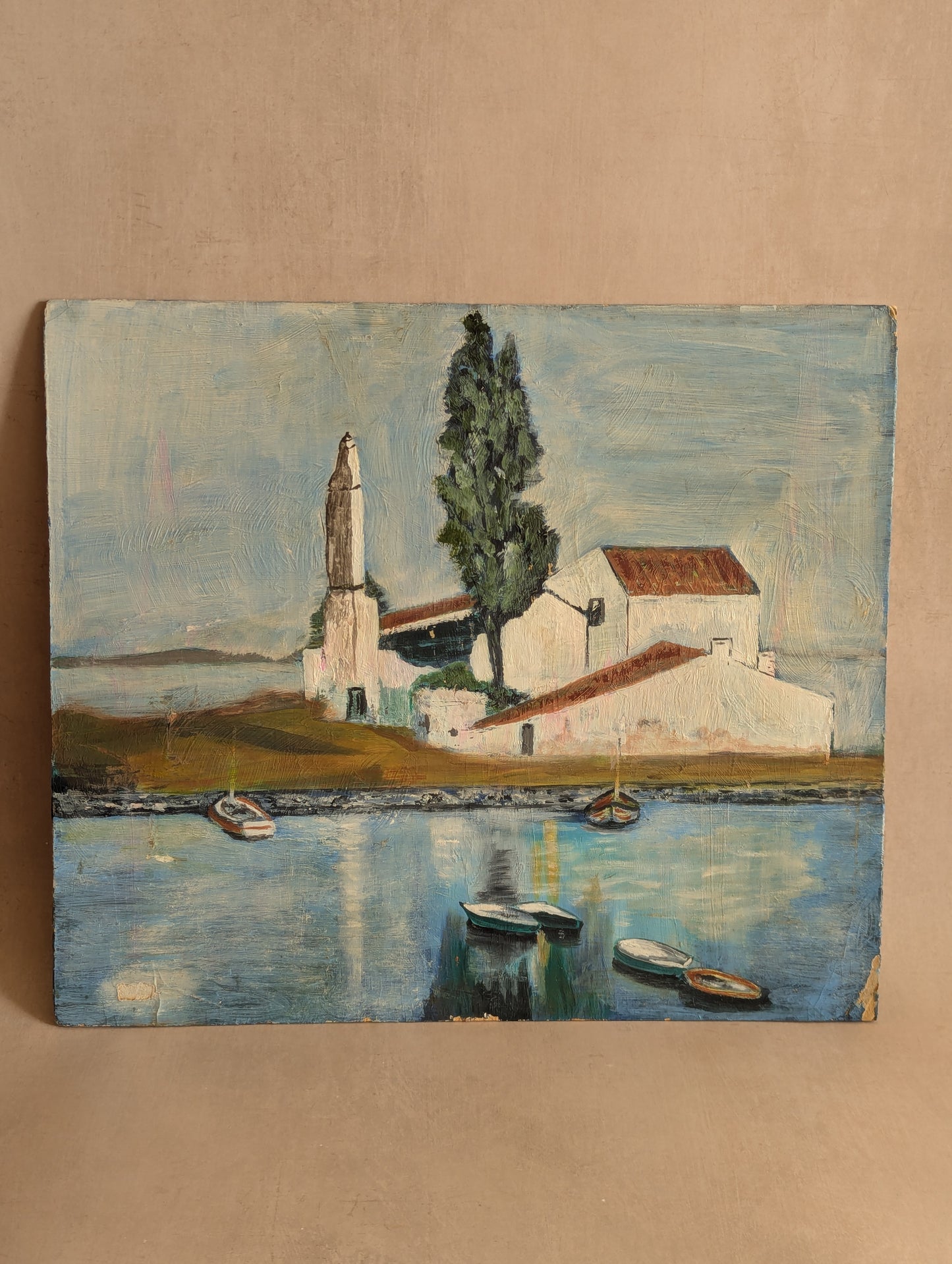 Mediterranean Coastal Scene Oil on Board Vintage Painting
