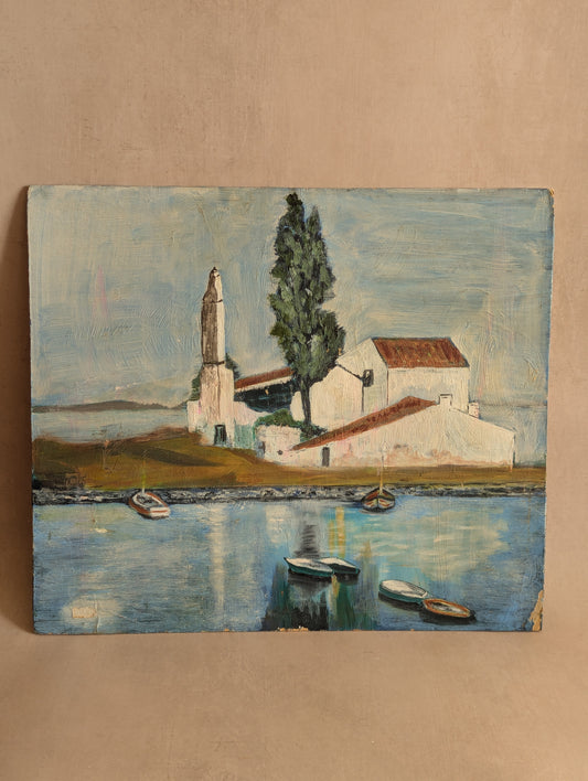 Mediterranean Coastal Scene Oil on Board Vintage Painting