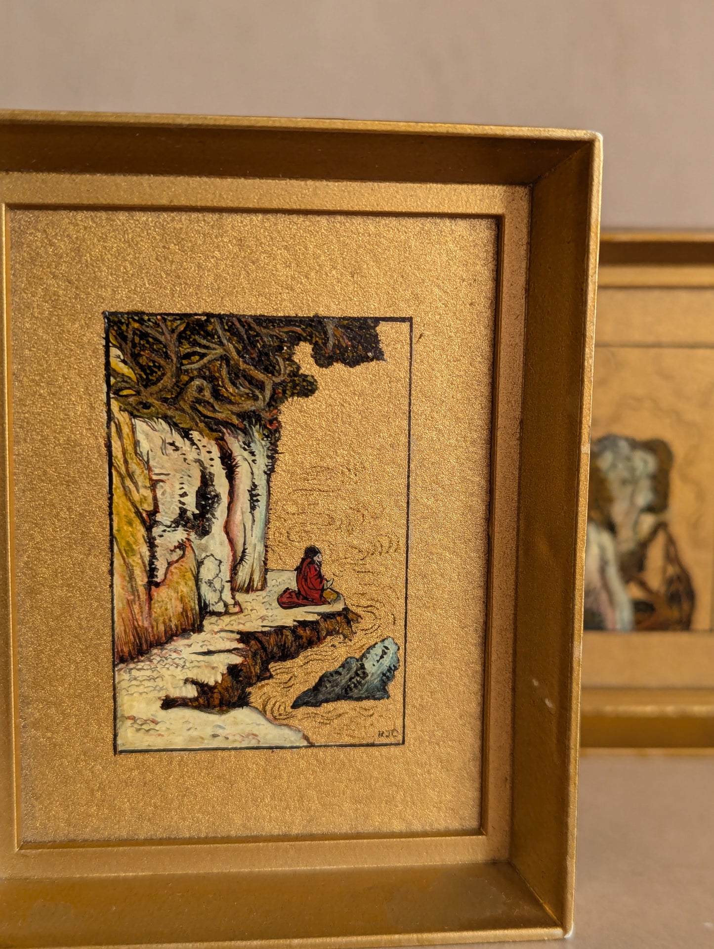Miniature Golden Paintings by Roger John Chattaway - Set of Two