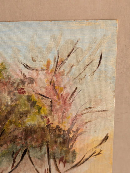 Naive Sunrise Tree Painting, Oil on Board c. 1970s