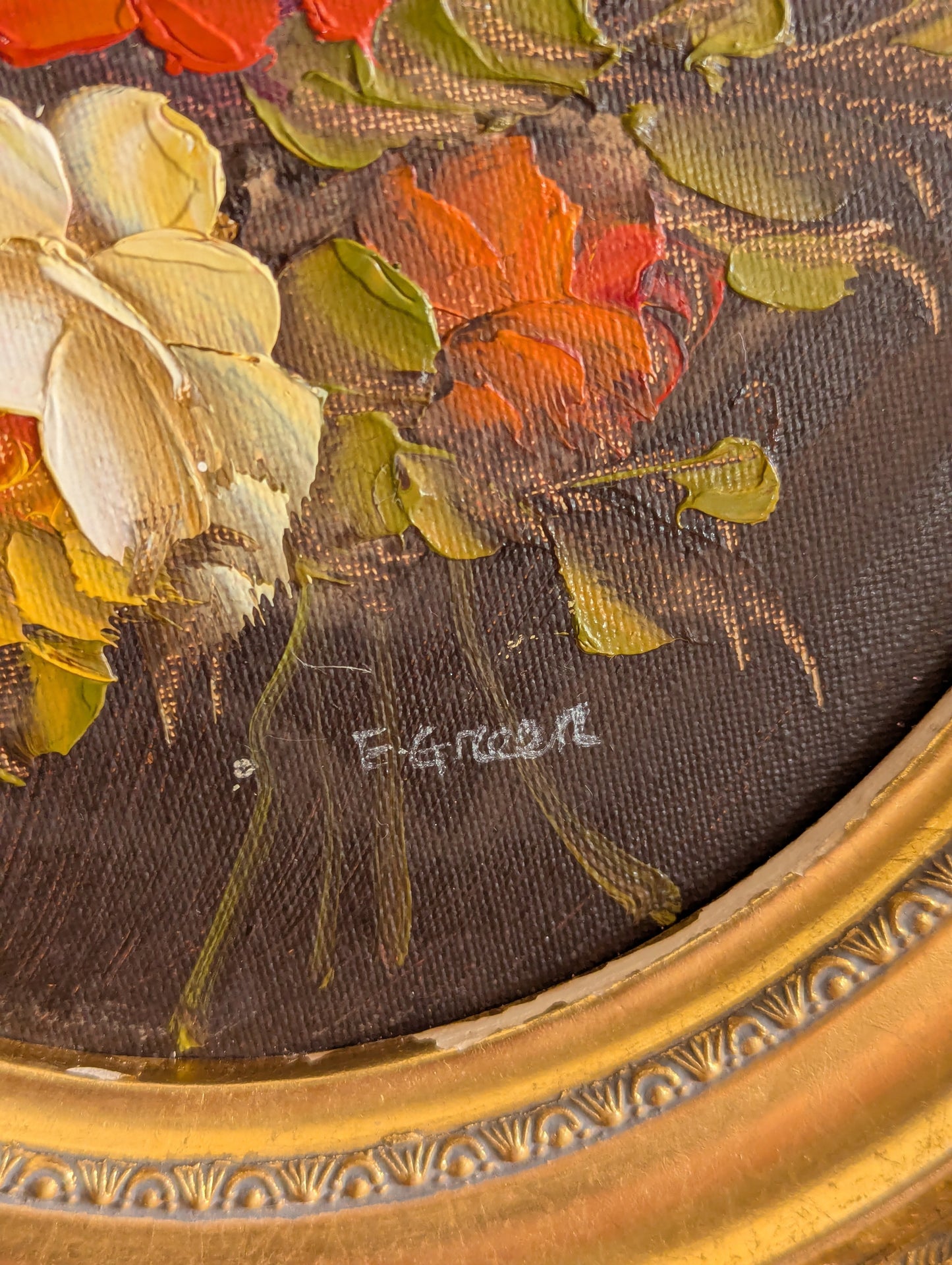 Oval Floral Oil Painting, Signed E. Green