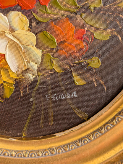 Oval Floral Oil Painting, Signed E. Green