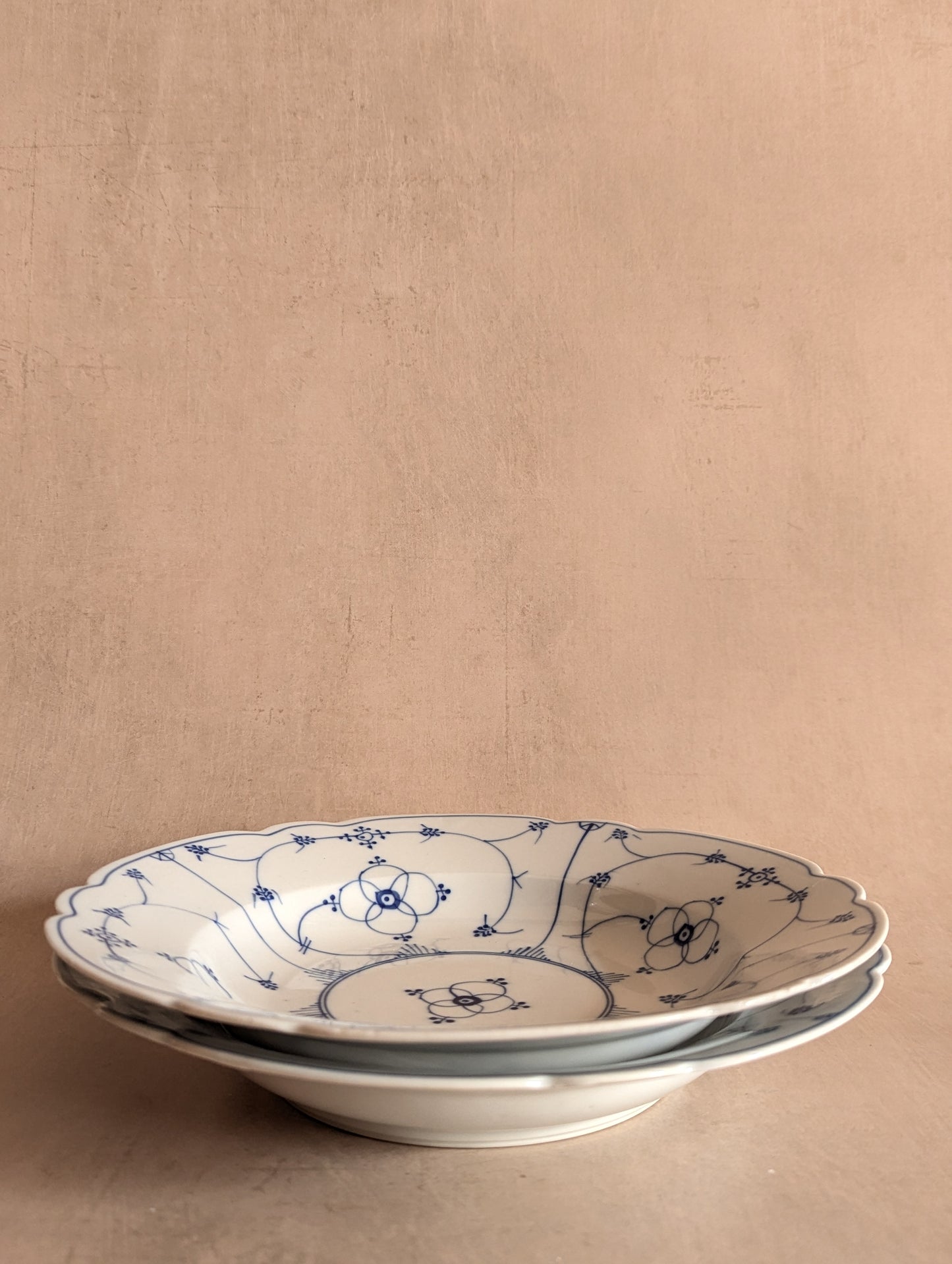 Hand-Painted European Blue & White Shallow Bowls, Set of Two