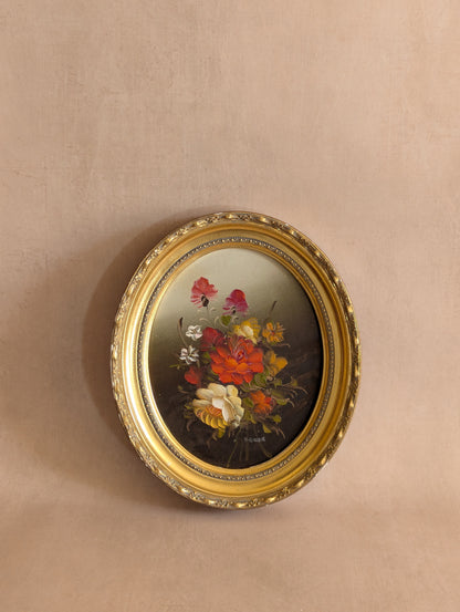 Oval Floral Oil Painting, Signed E. Green