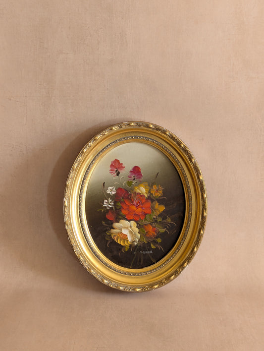 Oval Floral Oil Painting, Signed E. Green