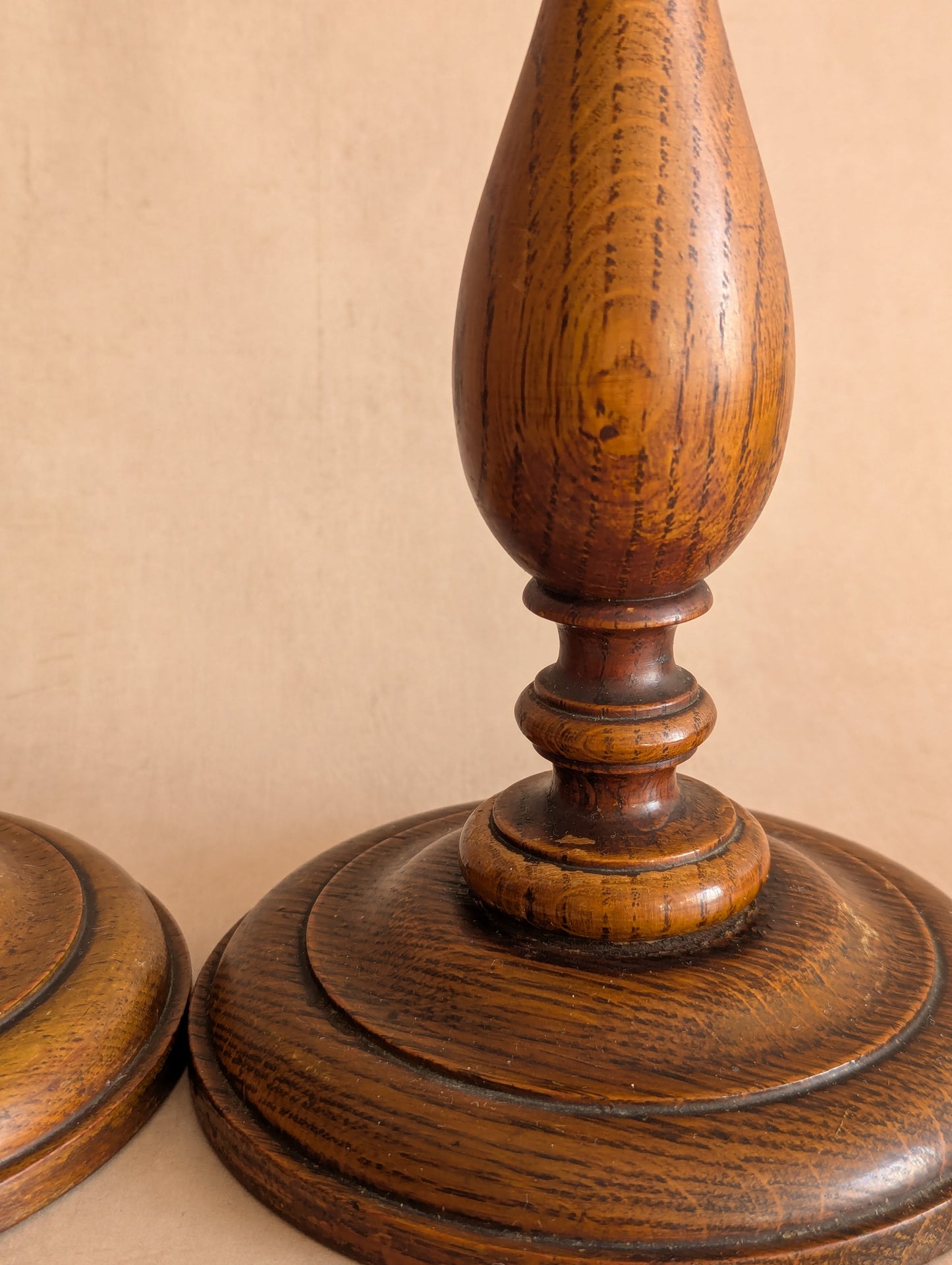 English Oak Hand-Turned Candlestick Holders, Set of Two