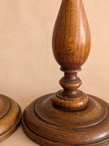 English Oak Hand-Turned Candlestick Holders, Set of Two