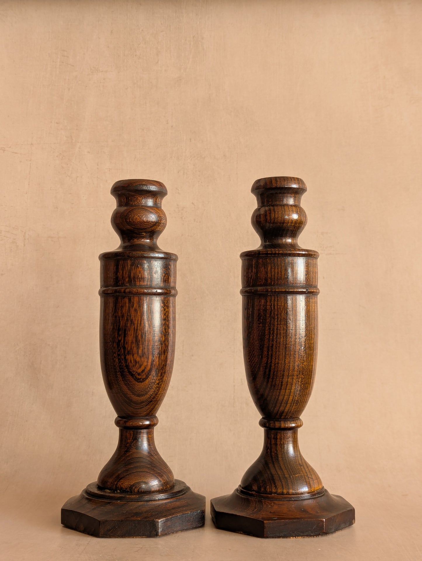 Victorian Oak English Candlestick Holders, Set of Two