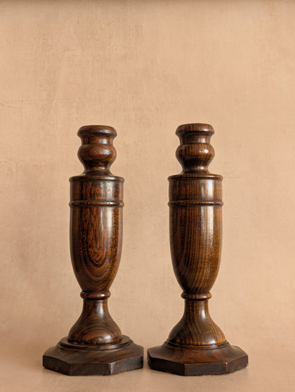 Victorian Oak English Candlestick Holders, Set of Two