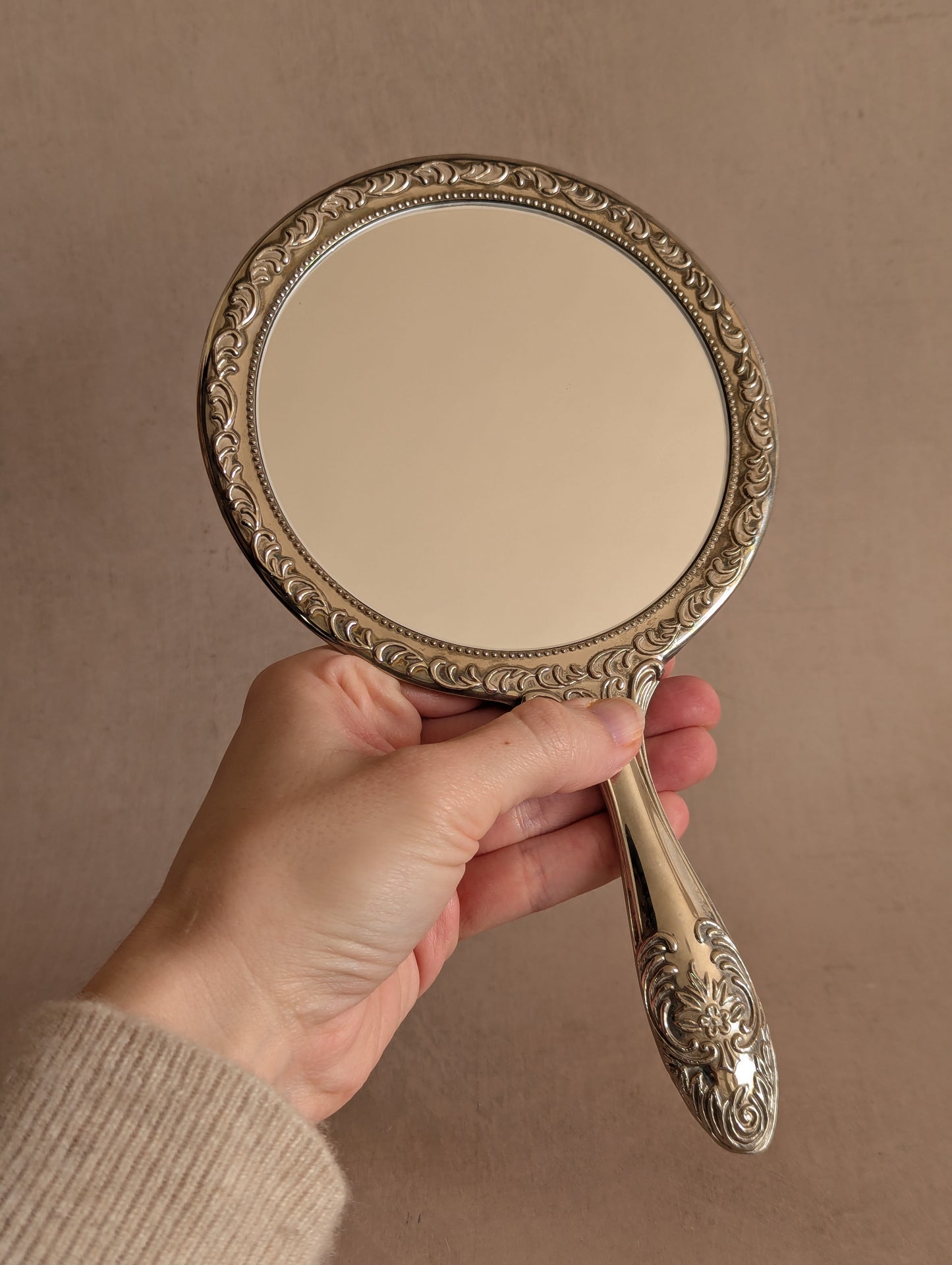 Silver Tone Floral Handheld Vanity Mirror