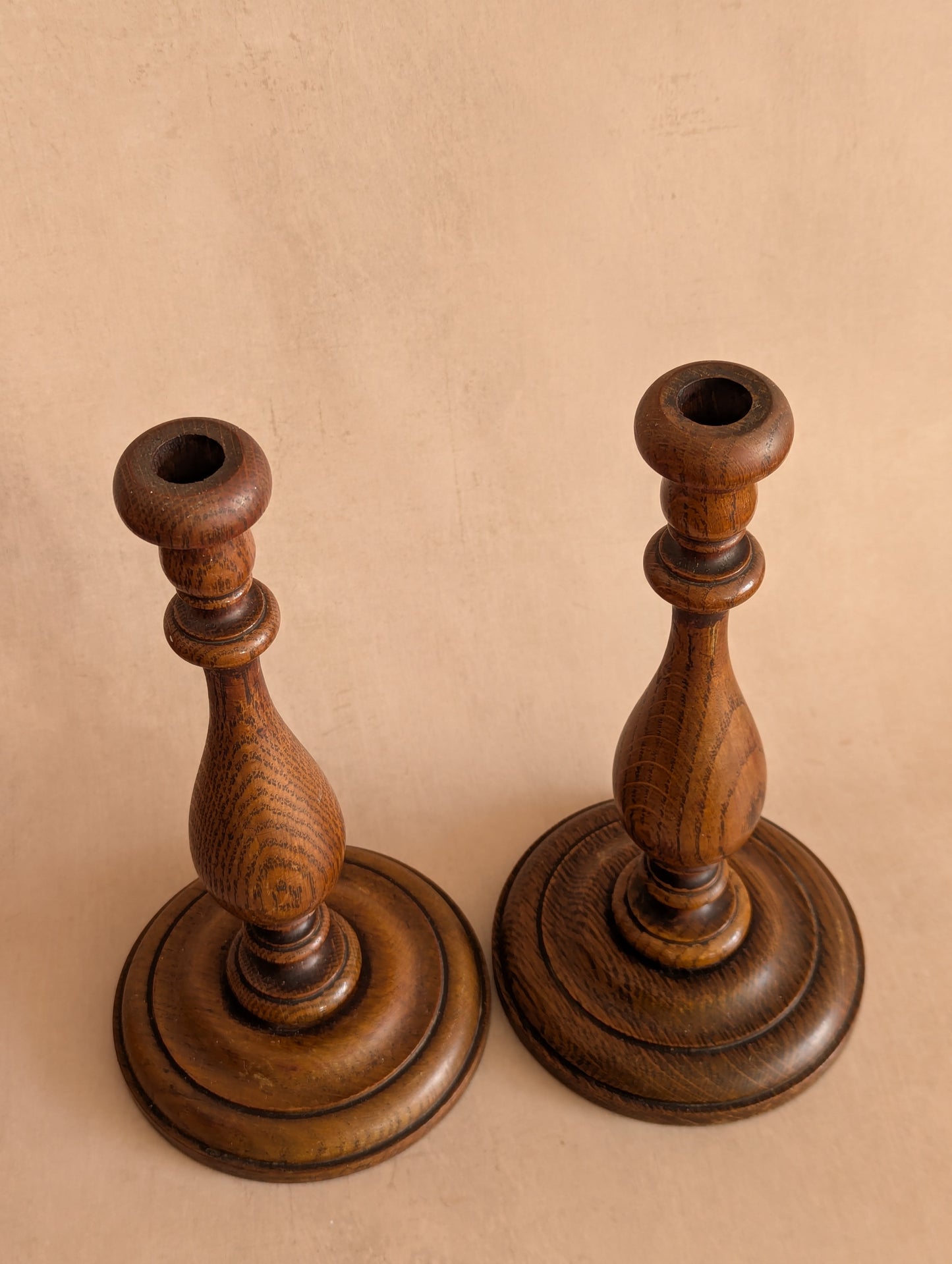 English Oak Hand-Turned Candlestick Holders, Set of Two