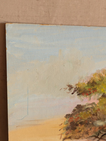 Naive Sunrise Tree Painting, Oil on Board c. 1970s