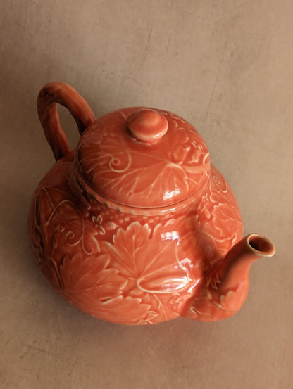 Portuguese Bordallo Pinheiro Rare Coral Majolica Teapot, Vintage c. 1970s