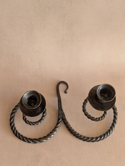 Gothic Wrought Iron Twisted Candlestick Holders, Set of Two